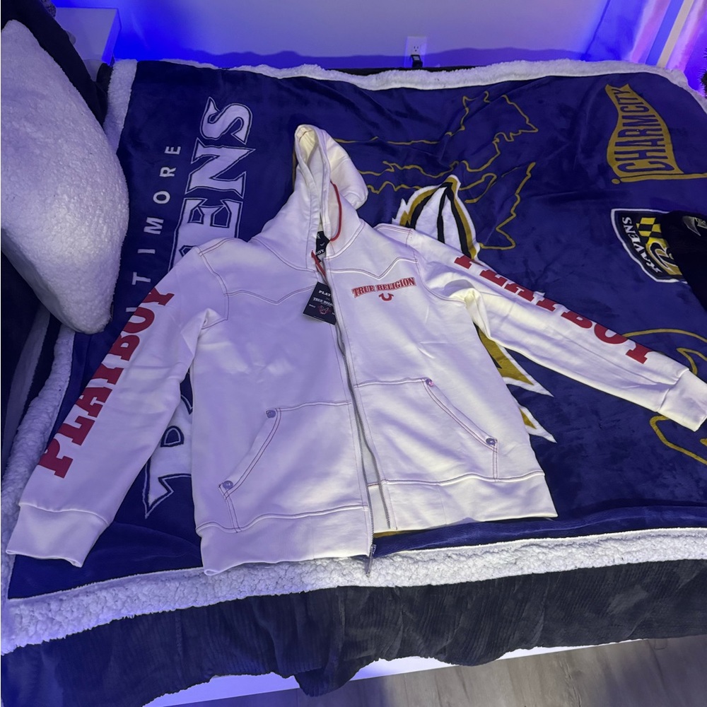 True religion x Playboy Winter White & Red Western full zip hoodie
